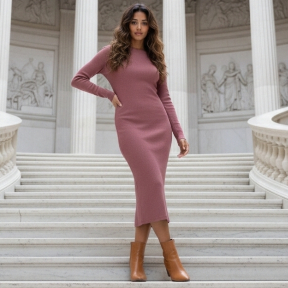 Young Fabulous & Broke Dax Rose Ribbed Mock Neck Bodycon Midi Dress Large